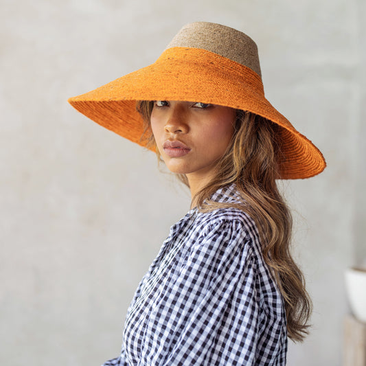 RIRI Duo Jute Handwoven Straw Hat In Tangerine Orange
